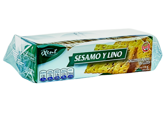 Galletitas EXENT tipo CRACKERS con sésamo y lino, Libres de gluten
