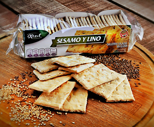 Galletitas EXENT tipo CRACKERS con sésamo y lino, Libres de gluten