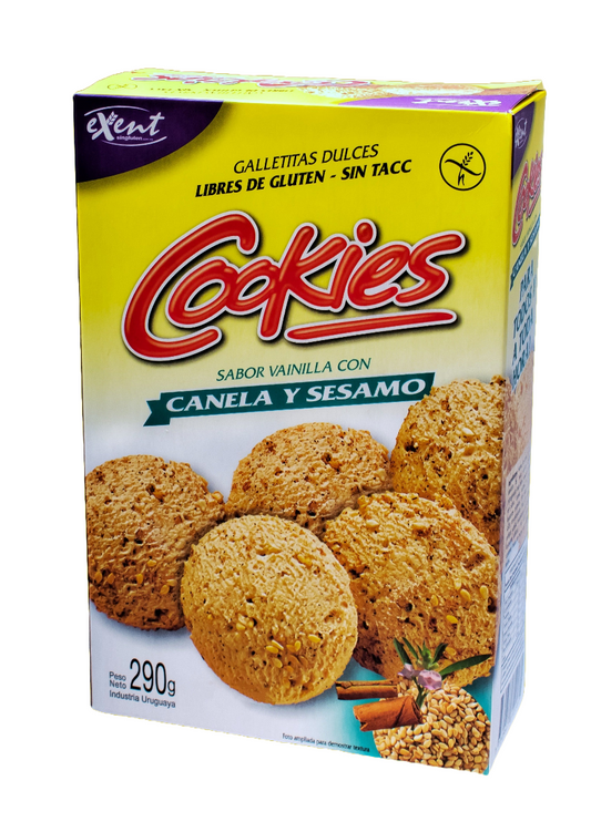 Galletitas EXENT tipo COOKIES de Sésamo y Canela, Libre gluten